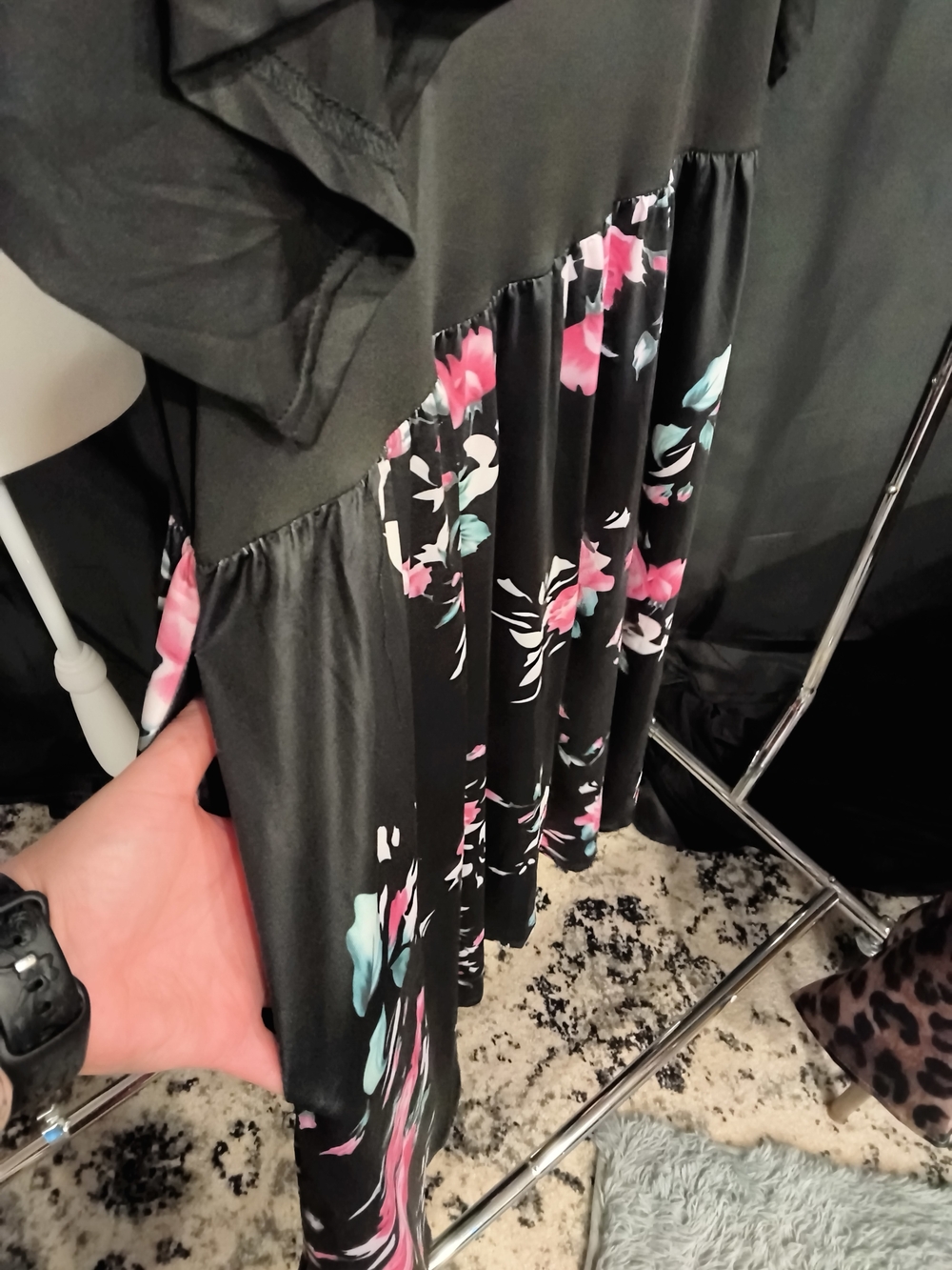 Black Short Sleeve Dress with Pink Floral Skirt NWT - Picture 3 of 6